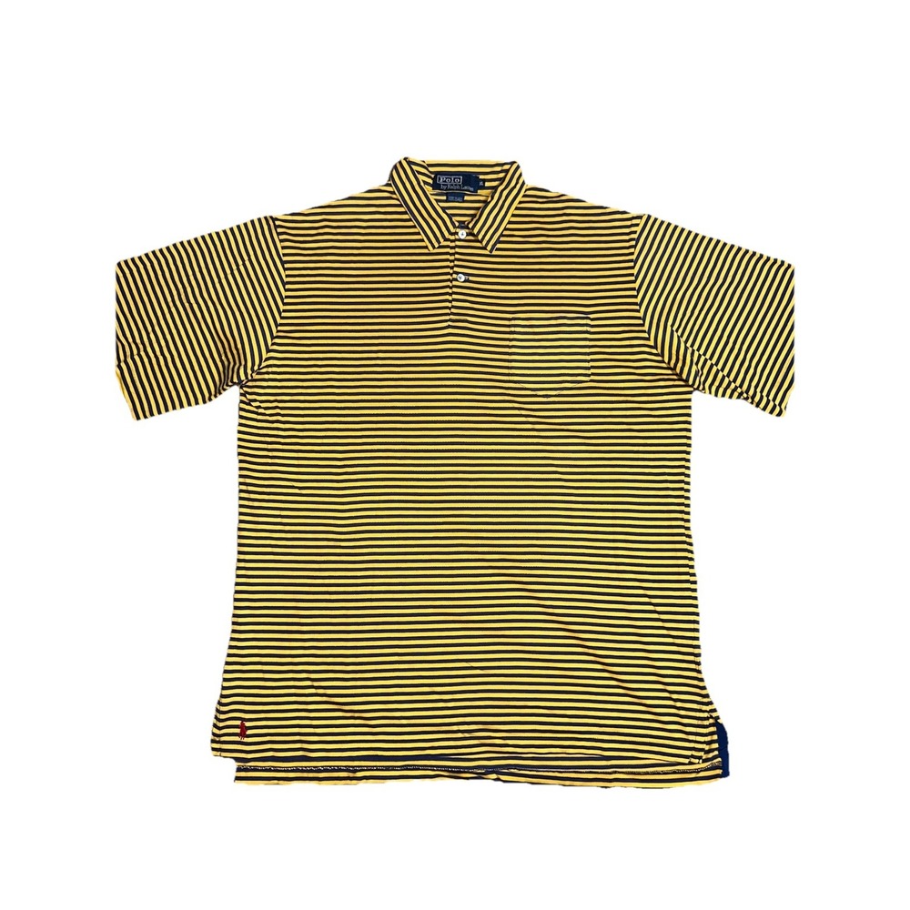 Vintage‎ Polo Ralph Lauren Striped Pocket Polo Shirt Made In USA XL Yellow Blue